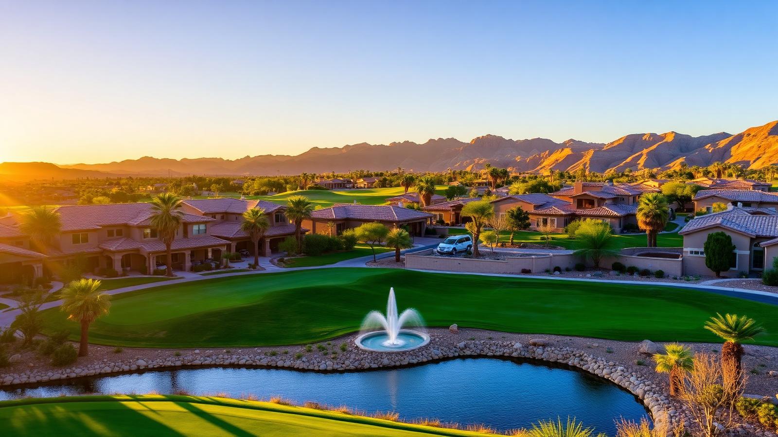Golden-hour view of Corte Bella Country Club in Sun City West, Arizona — Tuscan stucco homes, manicured fairway, lake fountain, and mountains beyond.