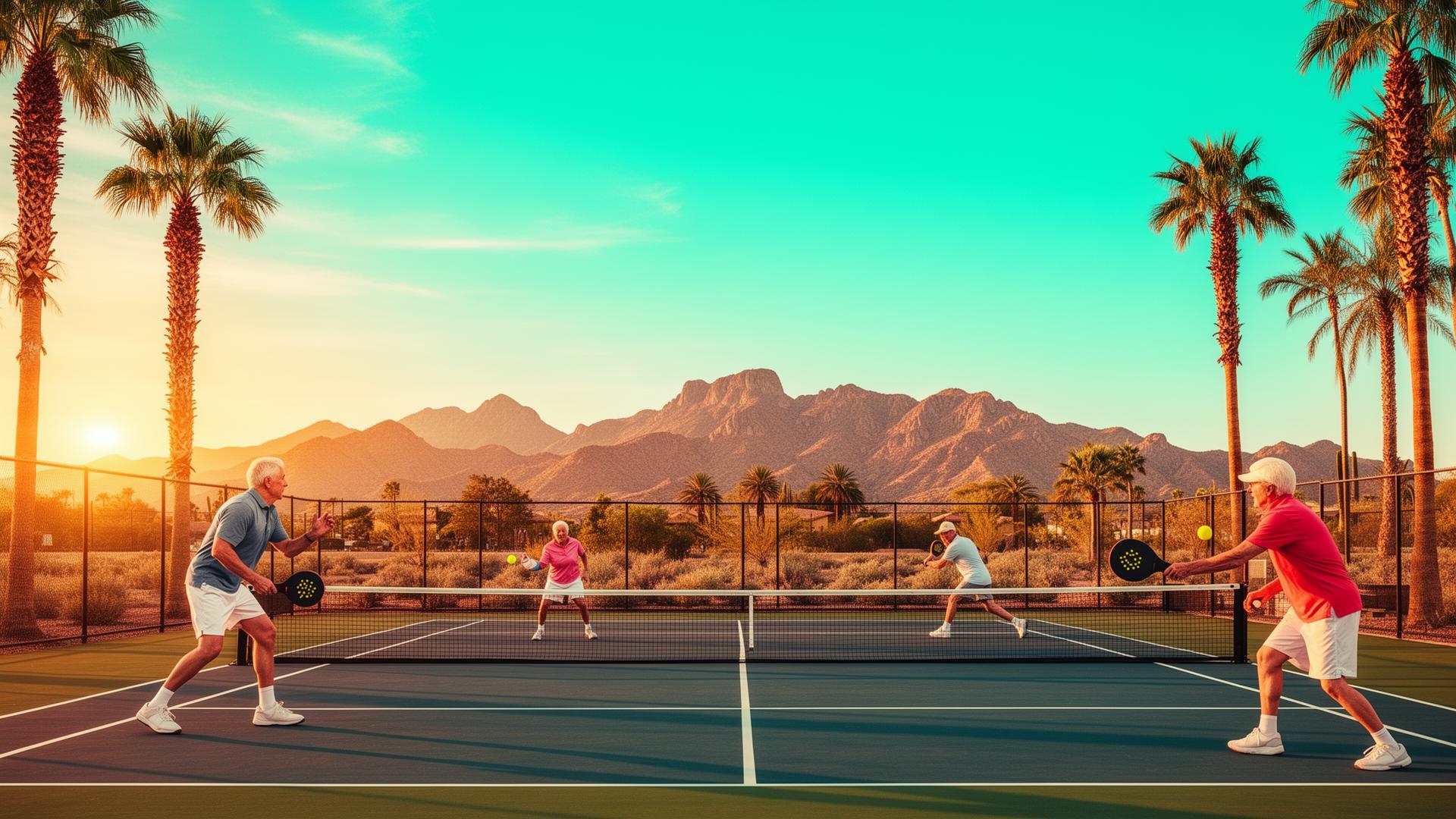 Pickleball players at sunrise with palm trees and Arizona mountains