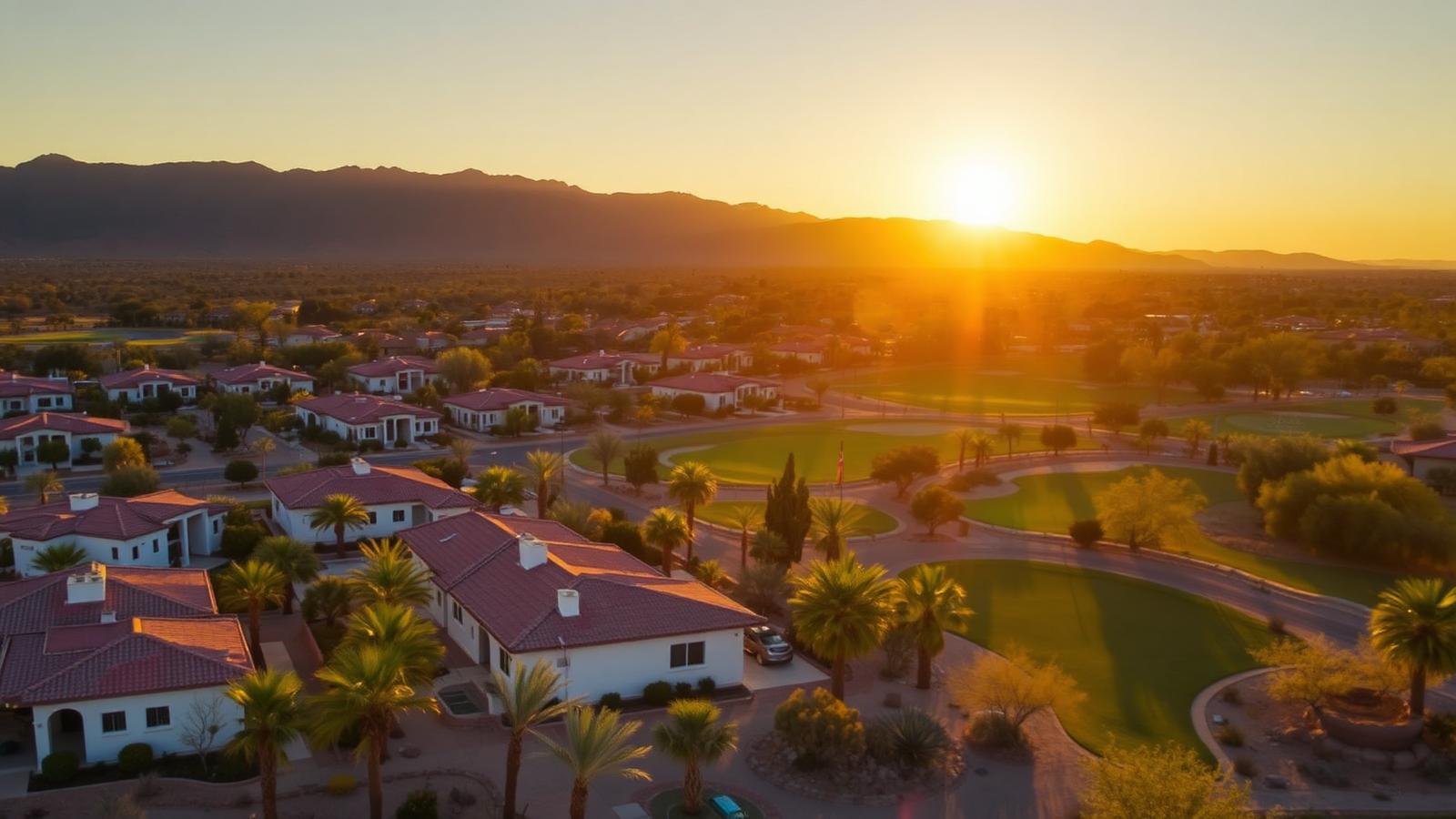 Aerial sunset view of Sun City Grand in Surprise, Arizona with golf course fairways, palm trees, and red-tile-roof homes.