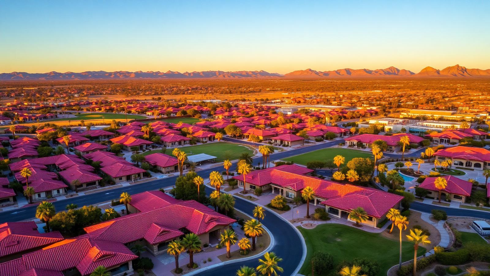 Golden-hour aerial view of Sun City West, Arizona — red tile-roof homes, golf fairways, palm trees, and the White Tank Mountains beyond.